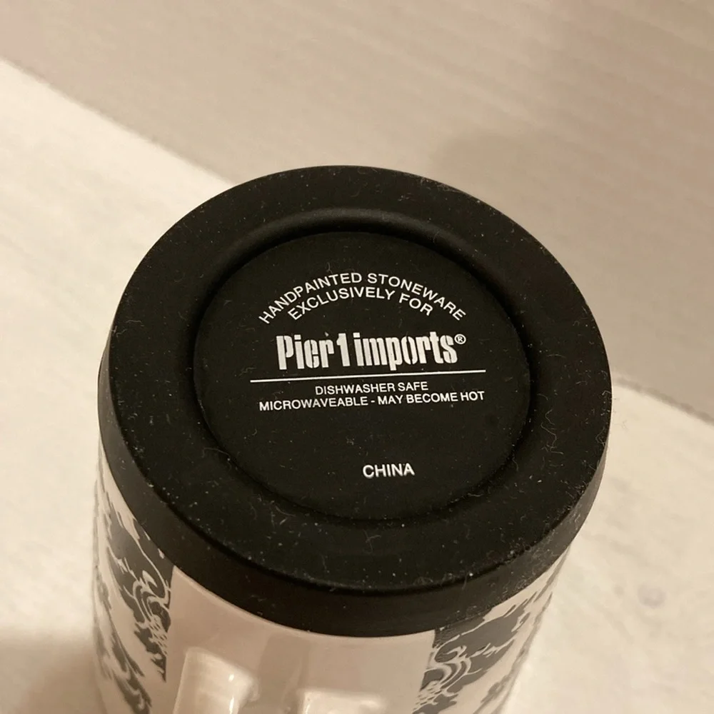 Pier 1 White and Black Damask Design Handpainted Stoneware Mug Cup
